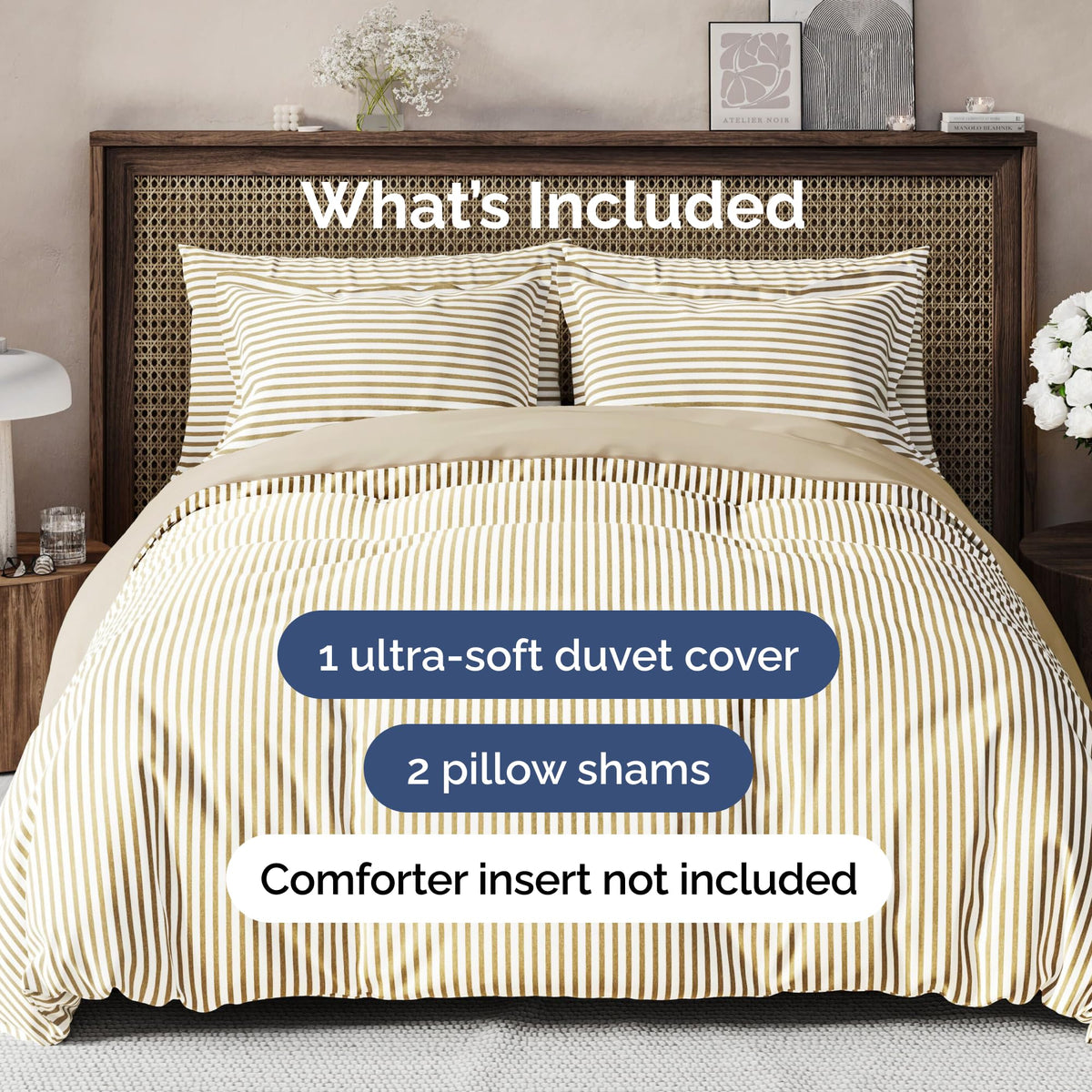 CGK Unlimited king duvet cover on bed highlights beige stripes and premium look.