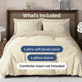 CGK Unlimited king duvet cover on bed highlights beige stripes and premium look.