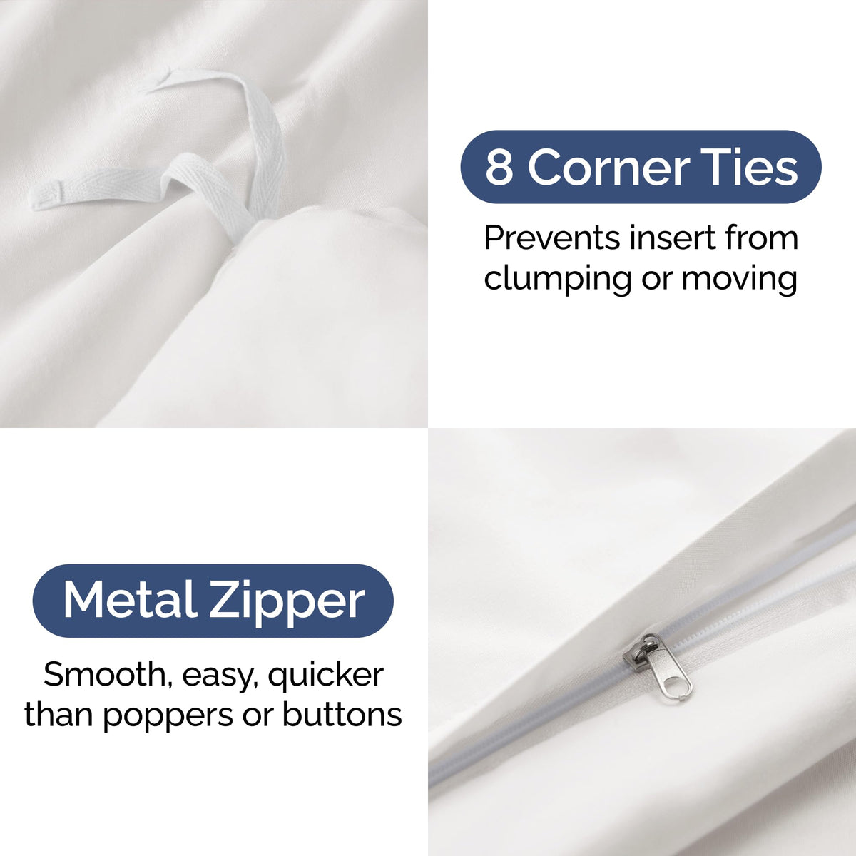 Duvet cover features zipper closure and interior ties for secure fit