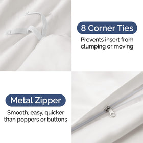 Duvet cover features zipper closure and interior ties for secure fit