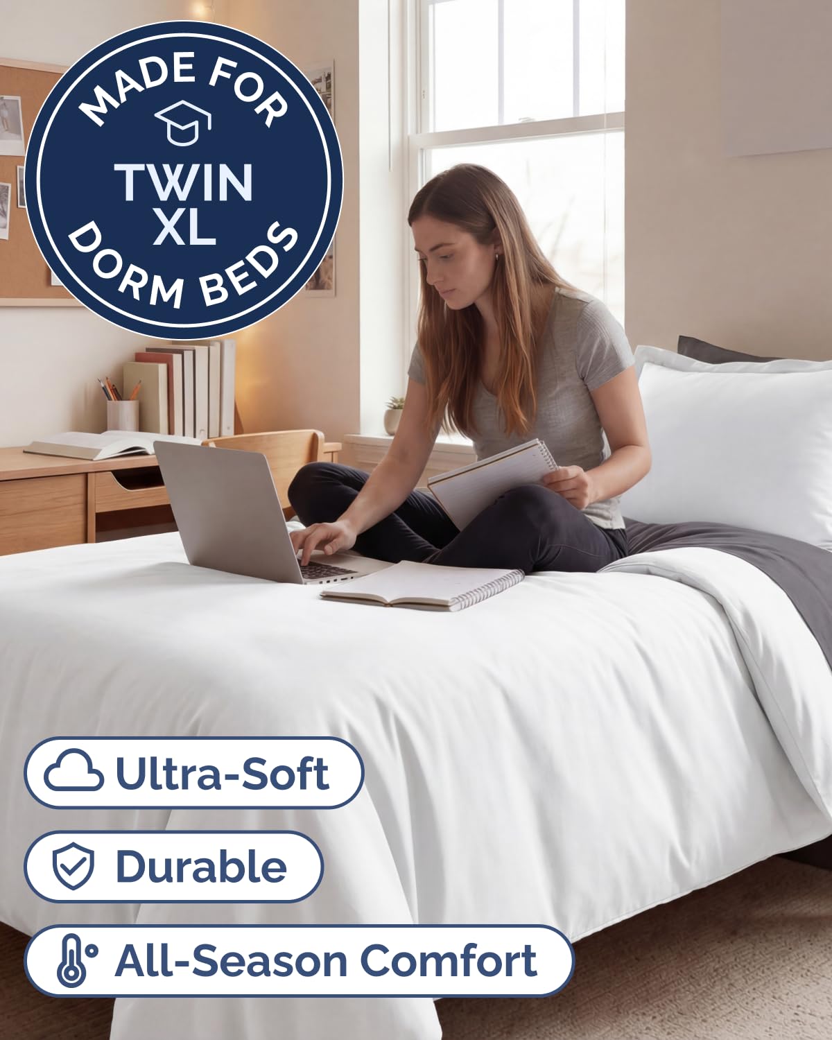 CGK Unlimited duvet cover on a dorm bed for quick, tidy dorm styling