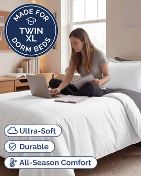 CGK Unlimited duvet cover on a dorm bed for quick, tidy dorm styling