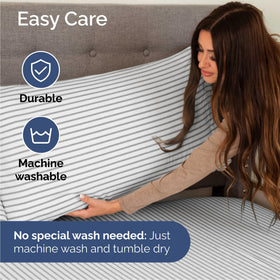 Easy-fit elastic edge demonstration implies simple mattress installation.
