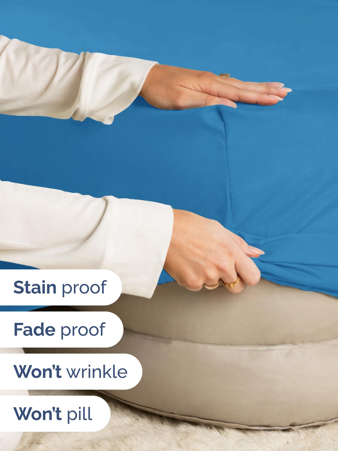 CGK Unlimited wrinkle-free, fade-resistant denim sheet on bed.