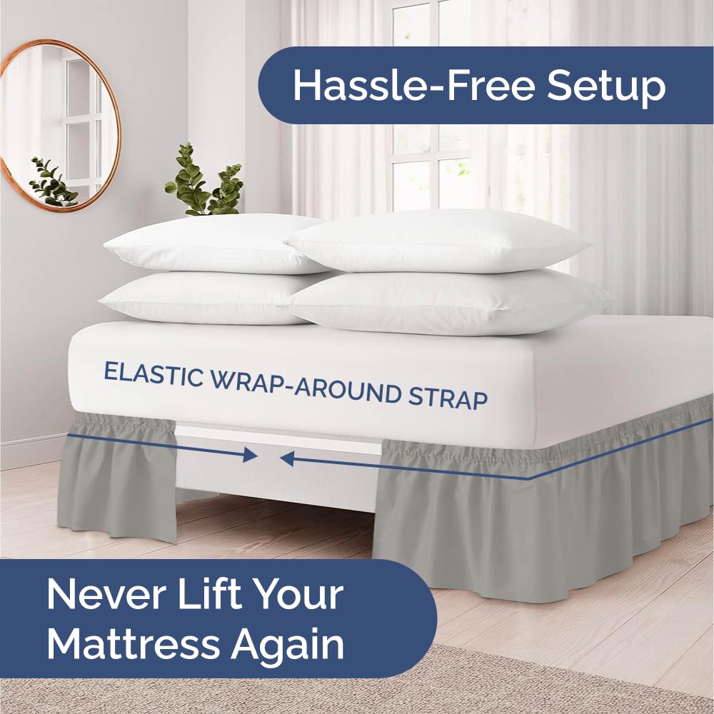CGK Unlimited elastic wrap keeps the bed skirt in place on queen beds.