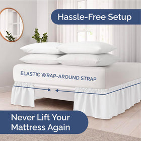 Elastic wrap-stays-put feature demonstrated on a bed for a tidy look