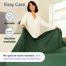 CGK Unlimited emerald green bedding captures luxurious soft texture for night comfort.
