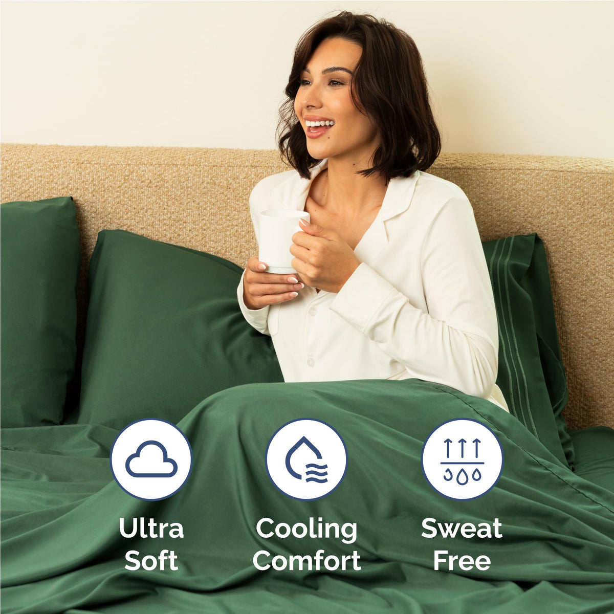 CGK Unlimited emerald green fitted sheet on mattress highlights deep pocket fit.