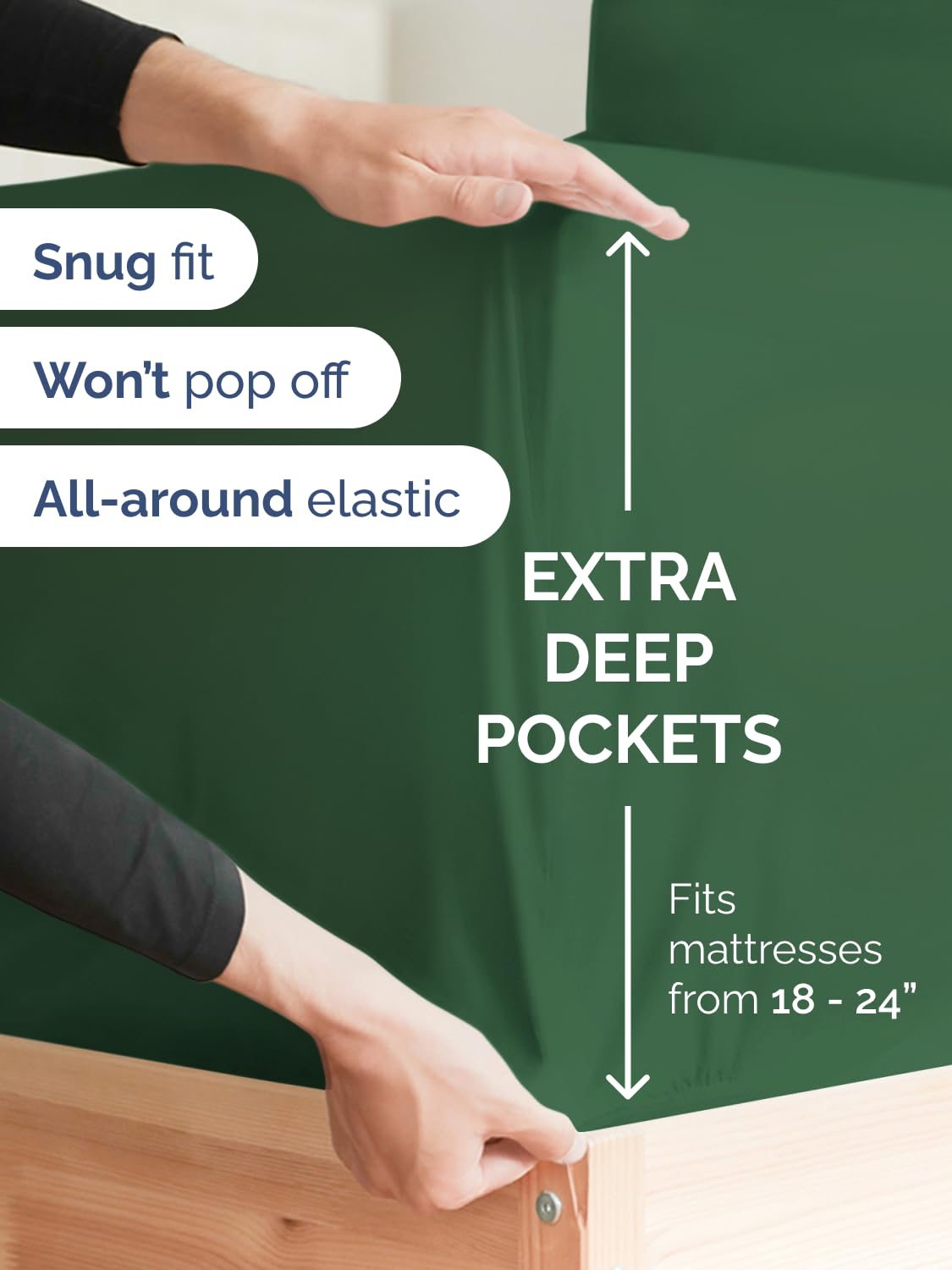 CGK Unlimited emerald green king fitted sheet showing elastic edge that hugs the mattress.