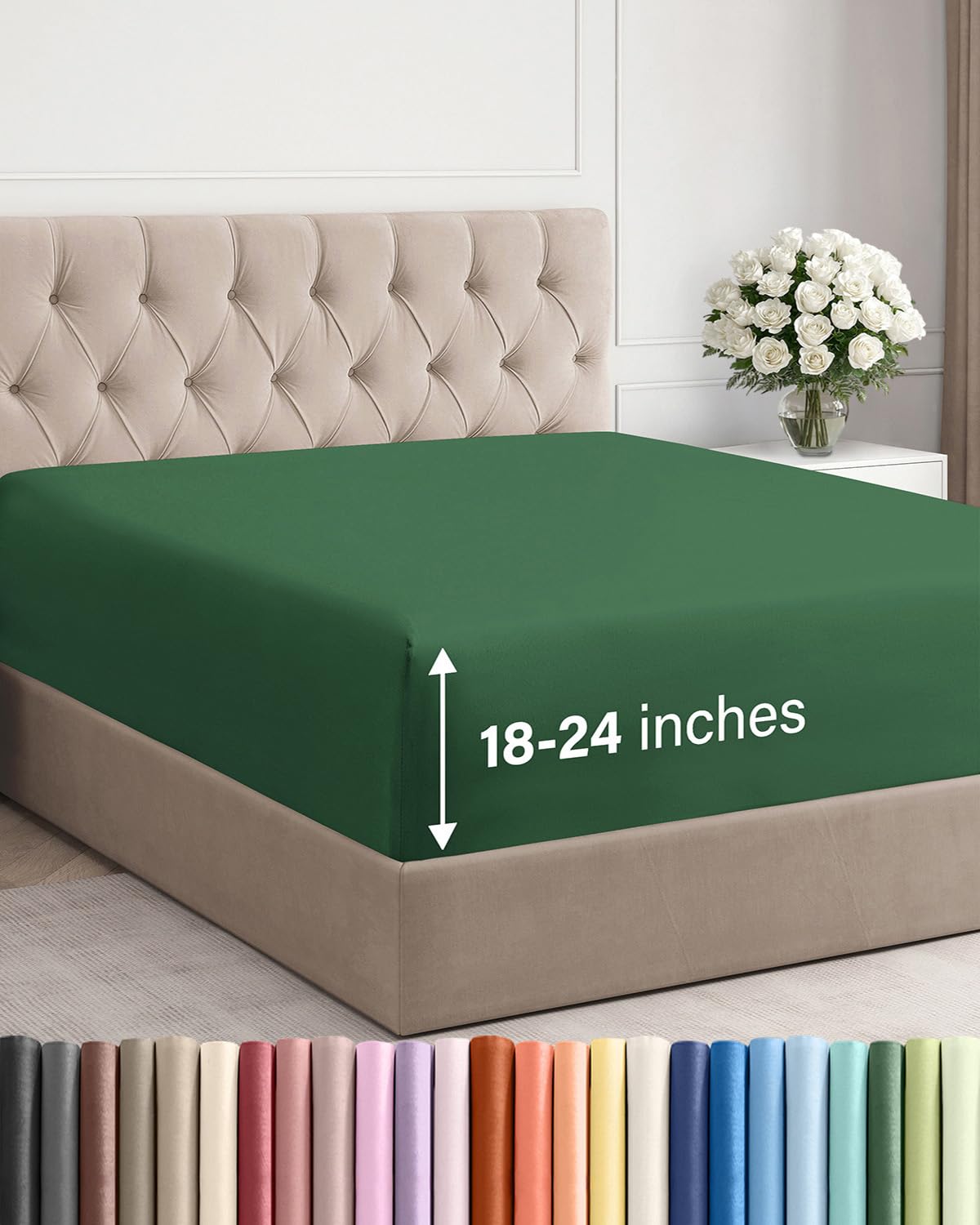 CGK Unlimited emerald green queen fitted sheet on bed demonstrates secure, wrinkle-resistant fit.