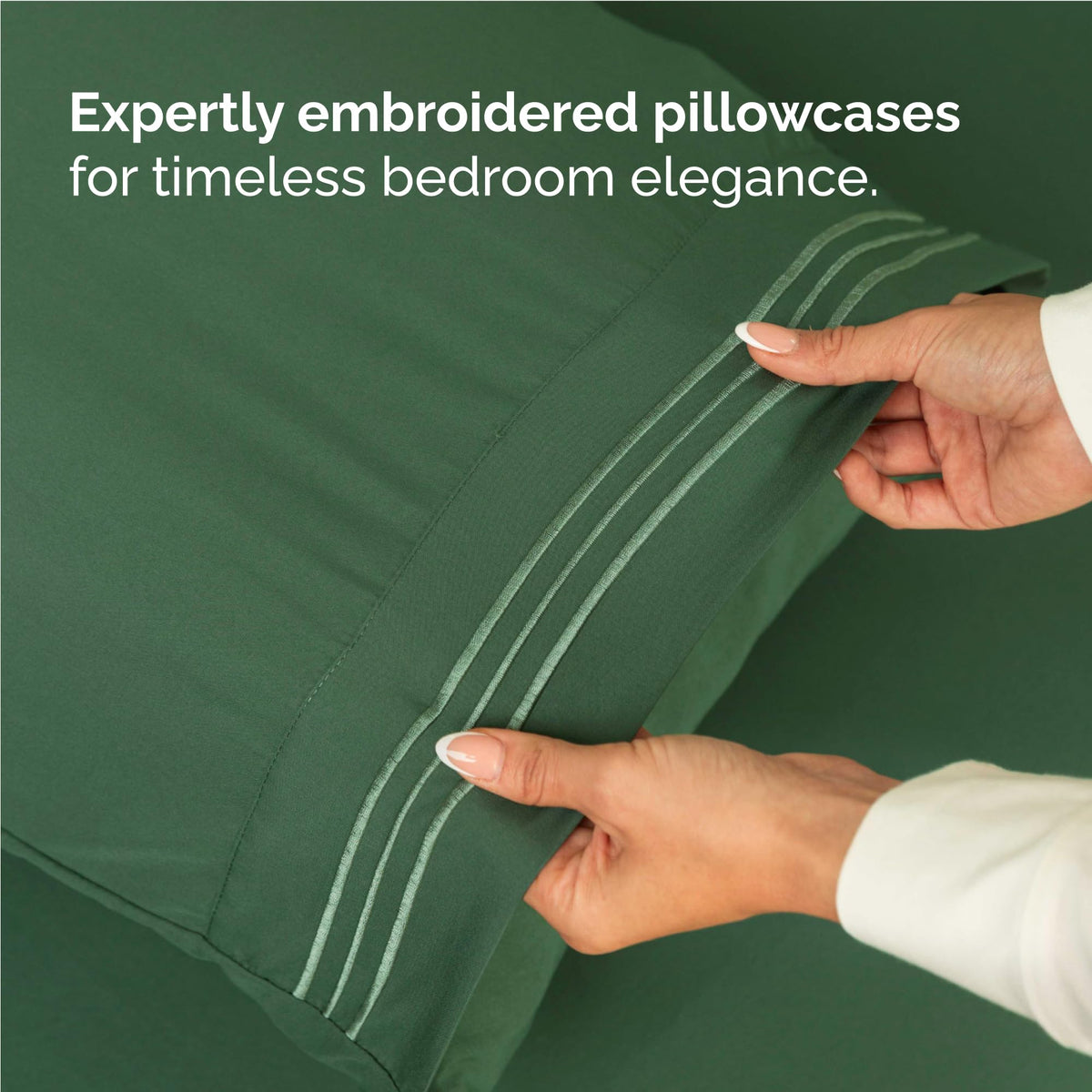 CGK Unlimited emerald green sheet set shows wrinkle-free look after sleep.