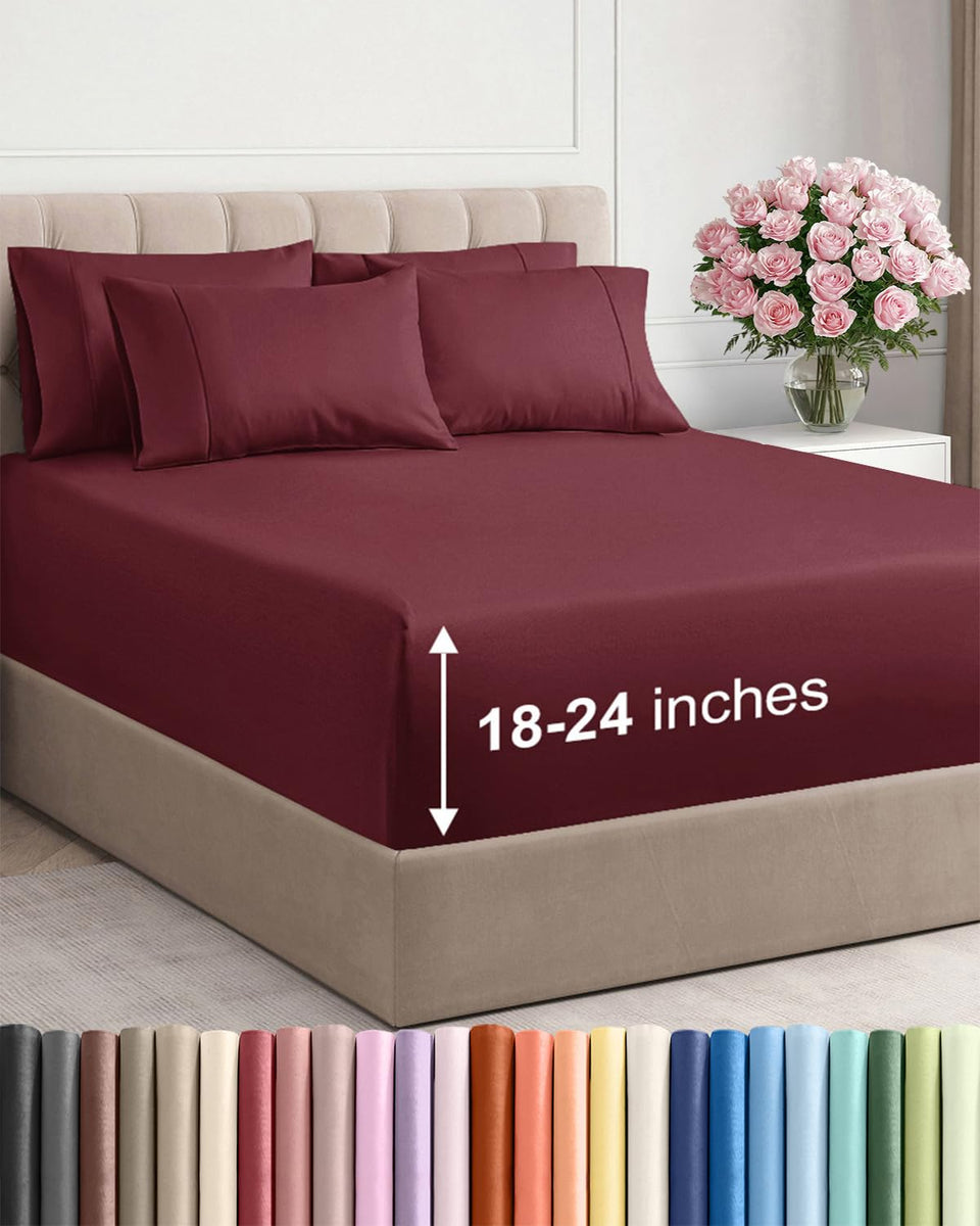 CGK Unlimited extra-deep Cal King flat sheet in burgundy for a smooth, secure fit on tall mattresses.