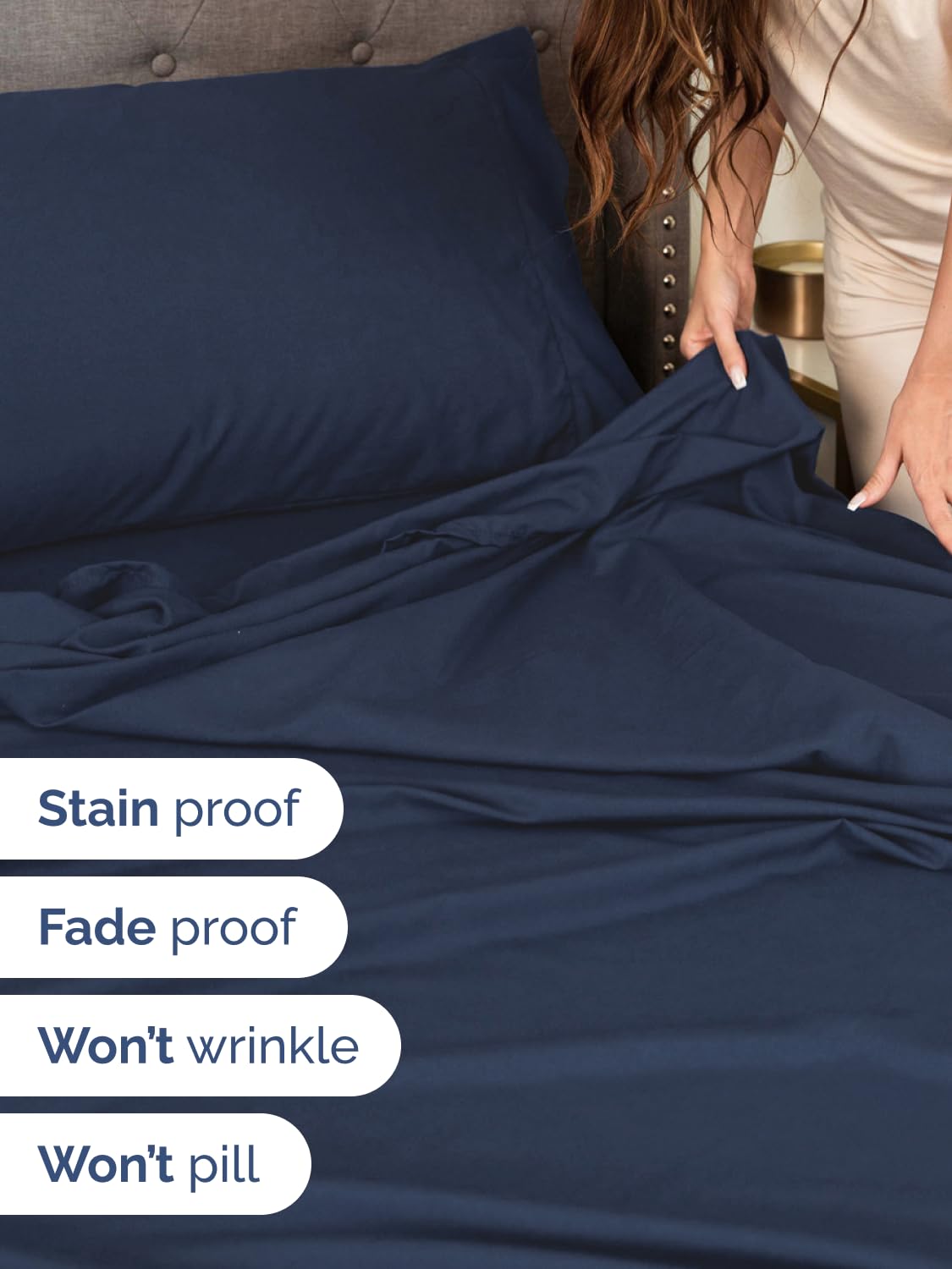 CGK Unlimited elastic-fit king sheets in navy for extra-deep mattresses.