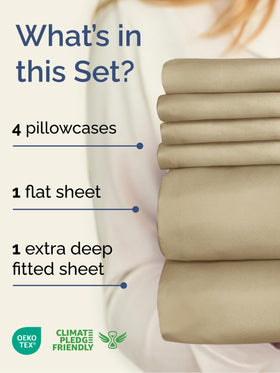 CGK Unlimited beige fitted king sheet stretched over mattress with 21 inch pockets for secure fit.