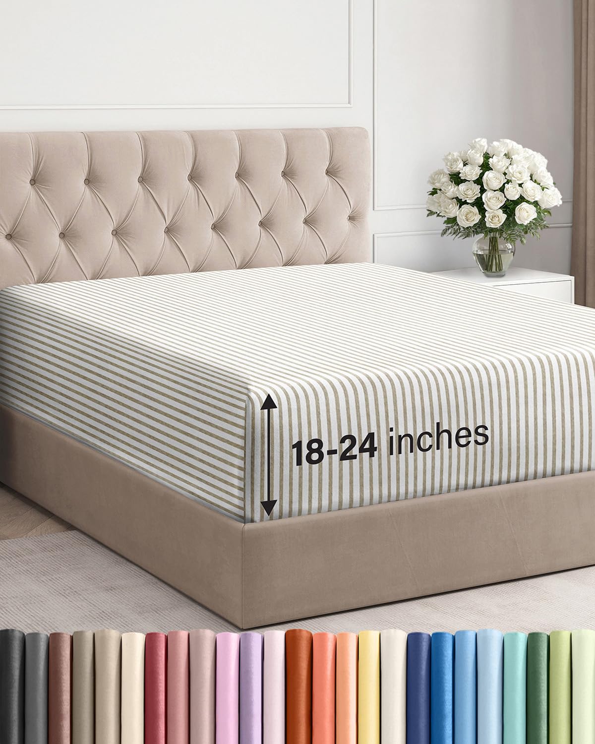 CGK Unlimited extra-deep king fitted sheet on bed with beige stripes for secure fit