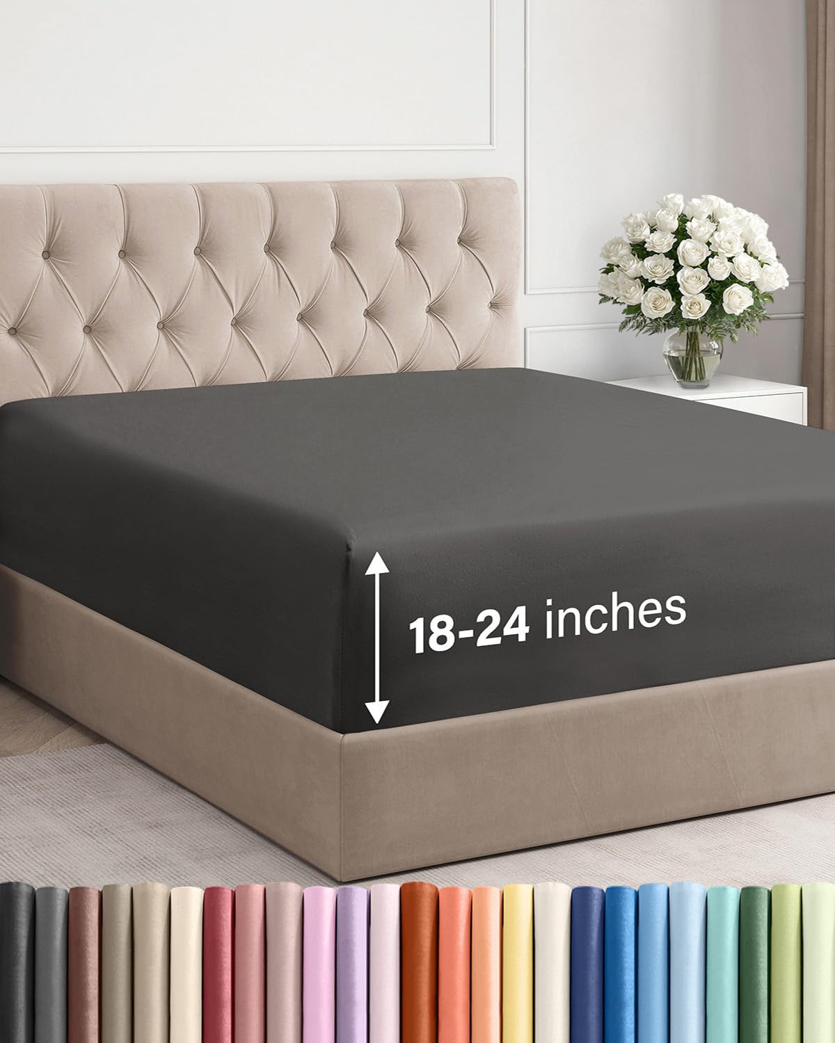 CGK Unlimited extra-deep-pocket king fitted sheet for 18-24 inch mattresses, secure fit.