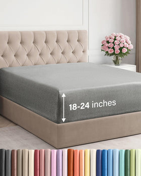 CGK Unlimited extra deep king fitted sheet on bed showing secure elastic edge for a tight fit.