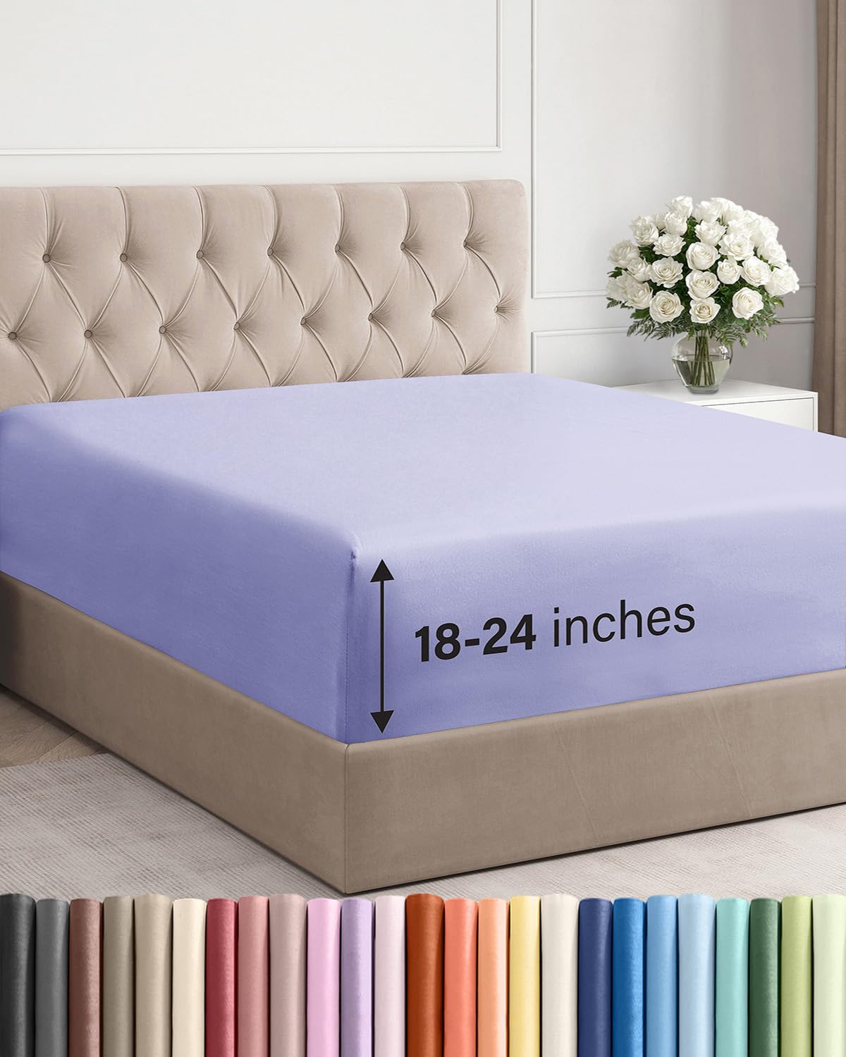CGK Unlimited lavender extra-deep king fitted sheet, top view showing secure deep pocket fit