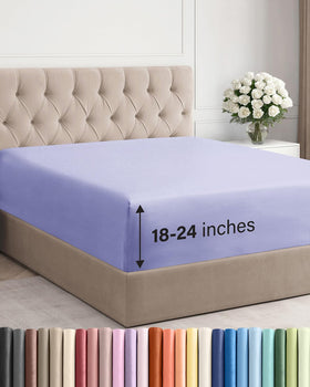 CGK Unlimited lavender extra-deep king fitted sheet, top view showing secure deep pocket fit
