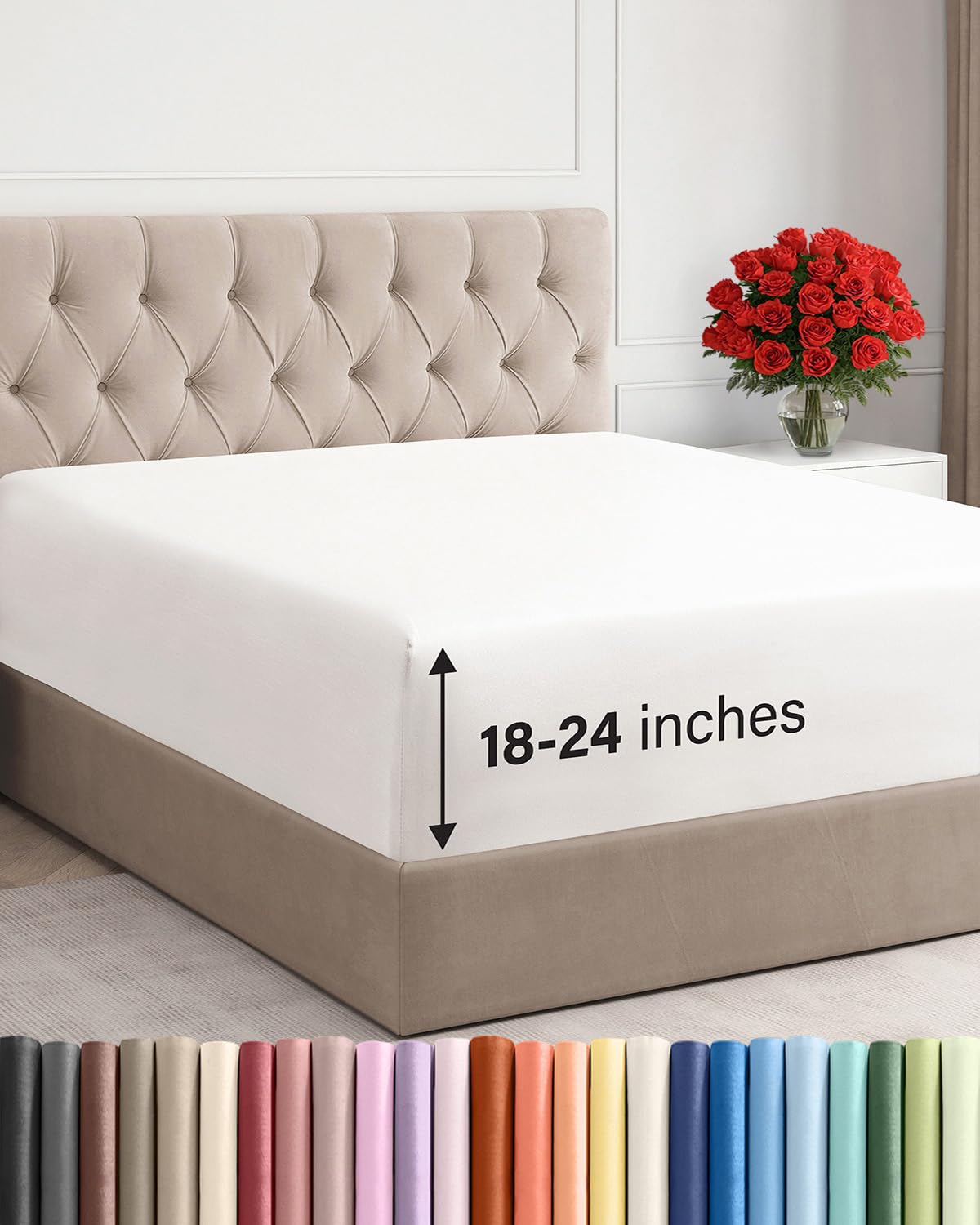 CGK Unlimited extra deep king fitted sheet on bed with secure snug fit.