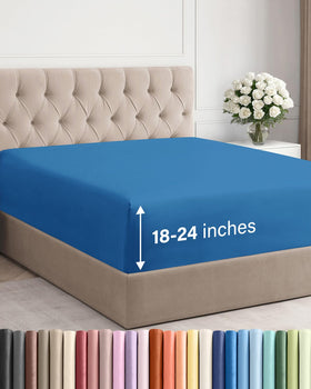 CGK Unlimited Extra Deep King Fitted Sheet in Royal Blue on bed for secure fit.