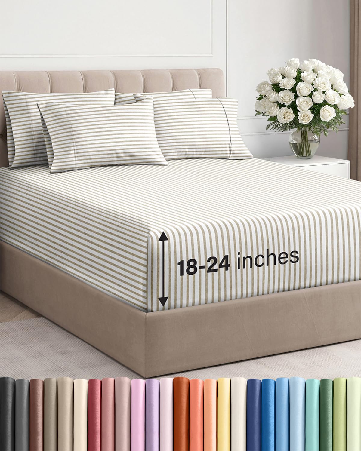 CGK Unlimited Extra Deep King flat sheet beige stripes offers smooth, breathable comfort.