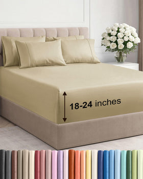 CGK Unlimited beige flat sheet on bed showing deep-pocket compatibility for deep mattresses.