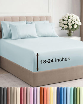CGK Unlimited extra-deep king flat sheet in ice blue, secure coverage for tall mattresses.