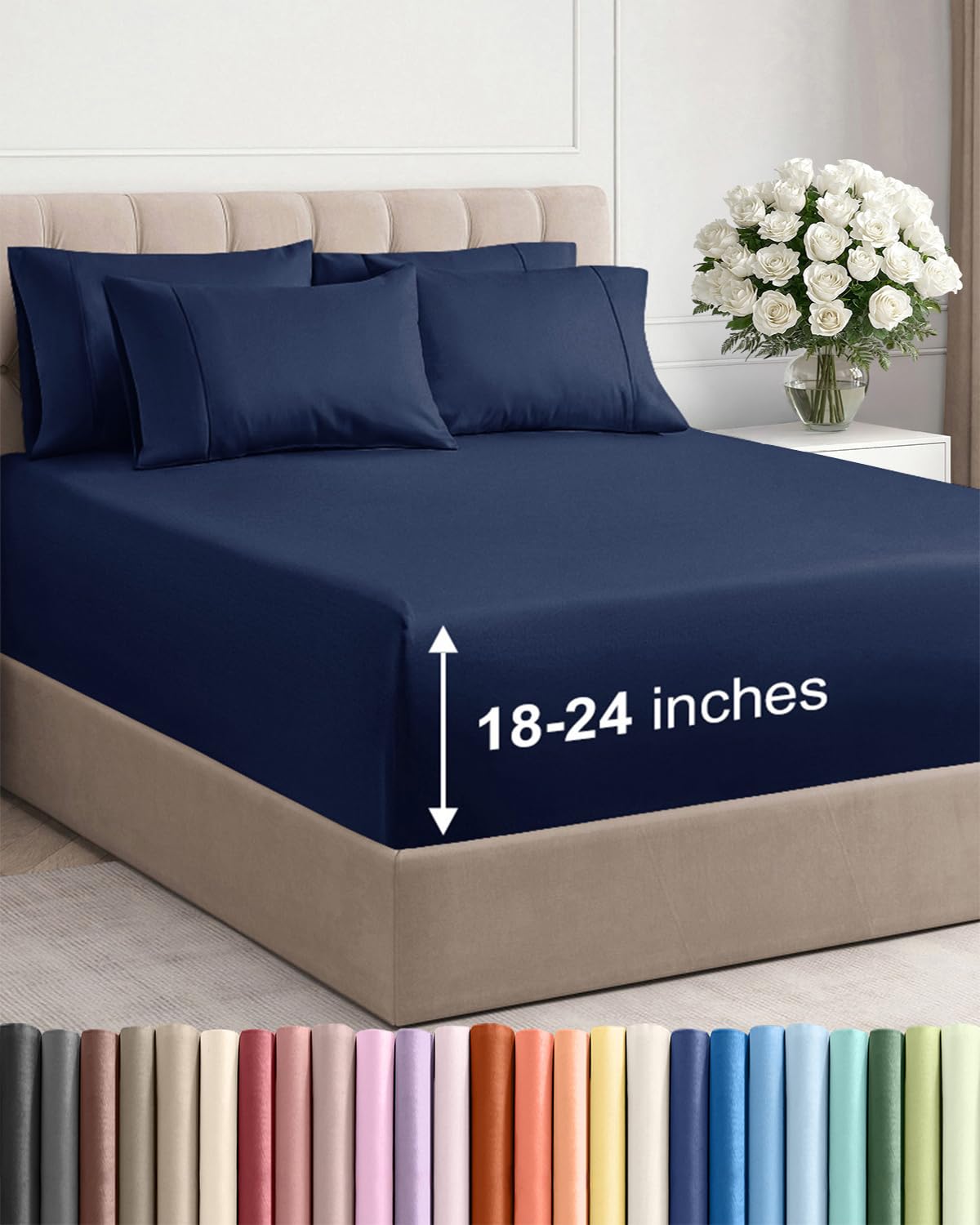CGK Unlimited extra deep king flat sheet in navy, smooth and comfortable.