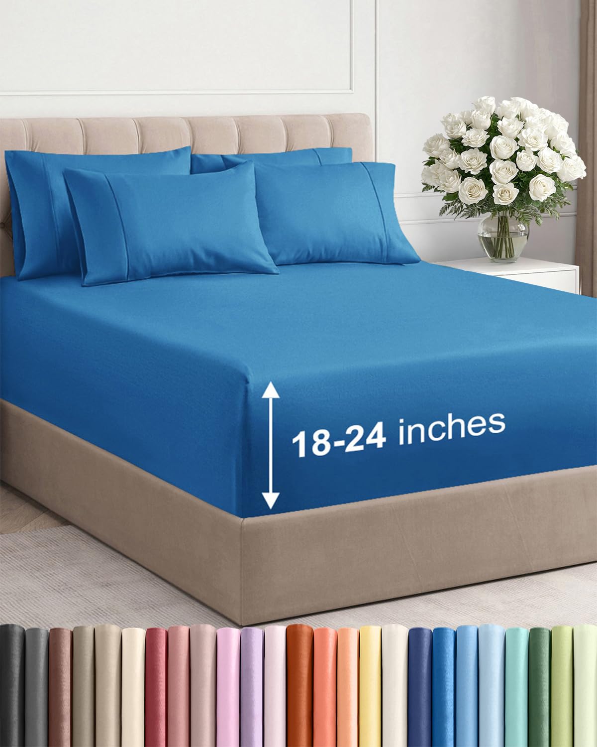 CGK Unlimited extra-deep king sheet fitted on denim blue bed for a secure fit