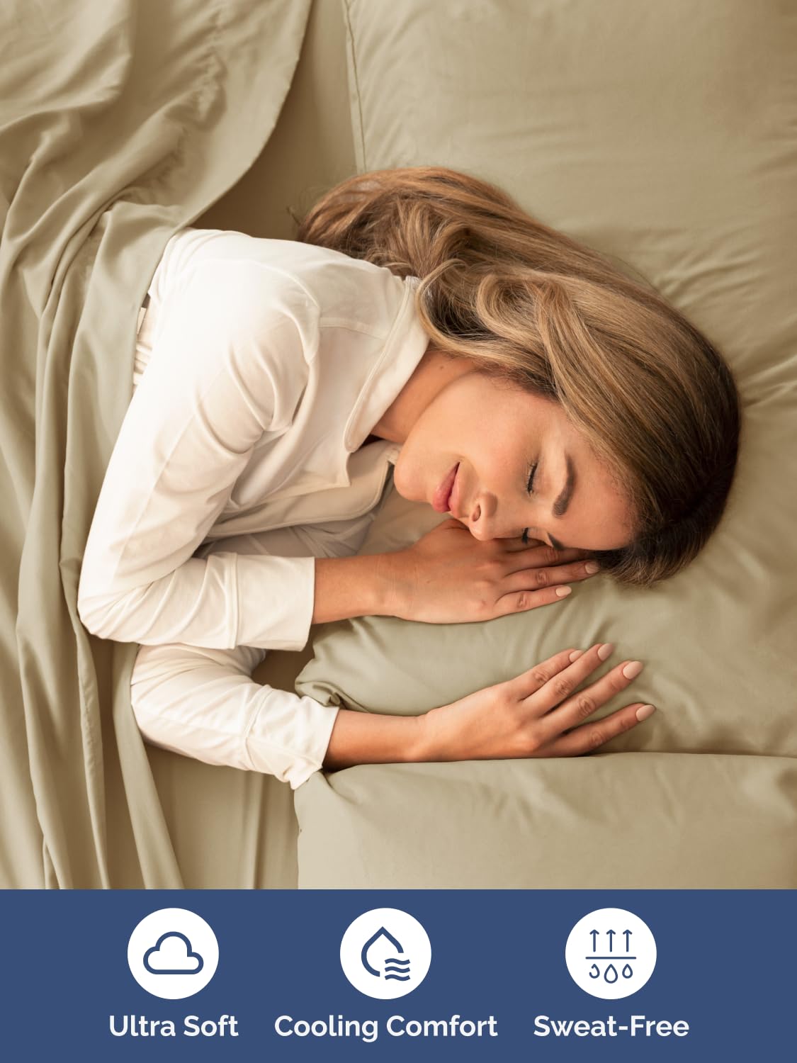 CGK Unlimited beige sheet set displayed on bed for luxurious hotel-like comfort.
