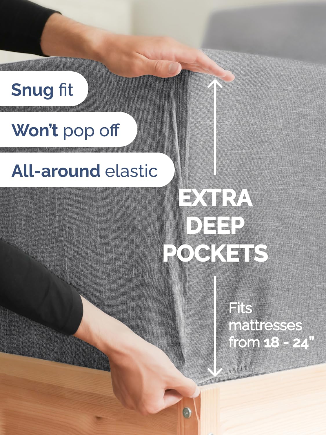 Elastic edge close-up shows stretchable, secure fit for very deep mattresses.