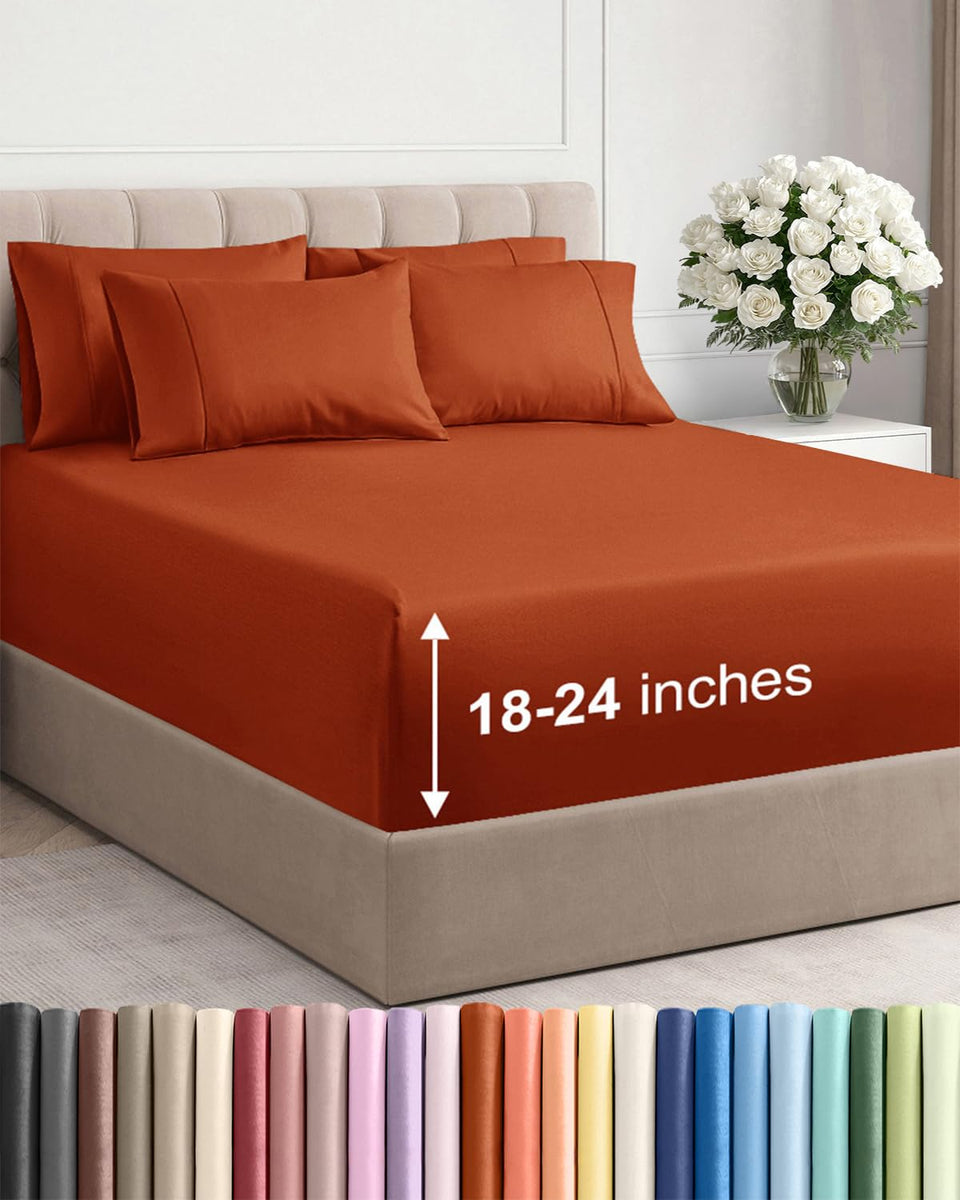 CGK Unlimited Extra Deep King Sheet Set on bed with snug fit for tall mattresses