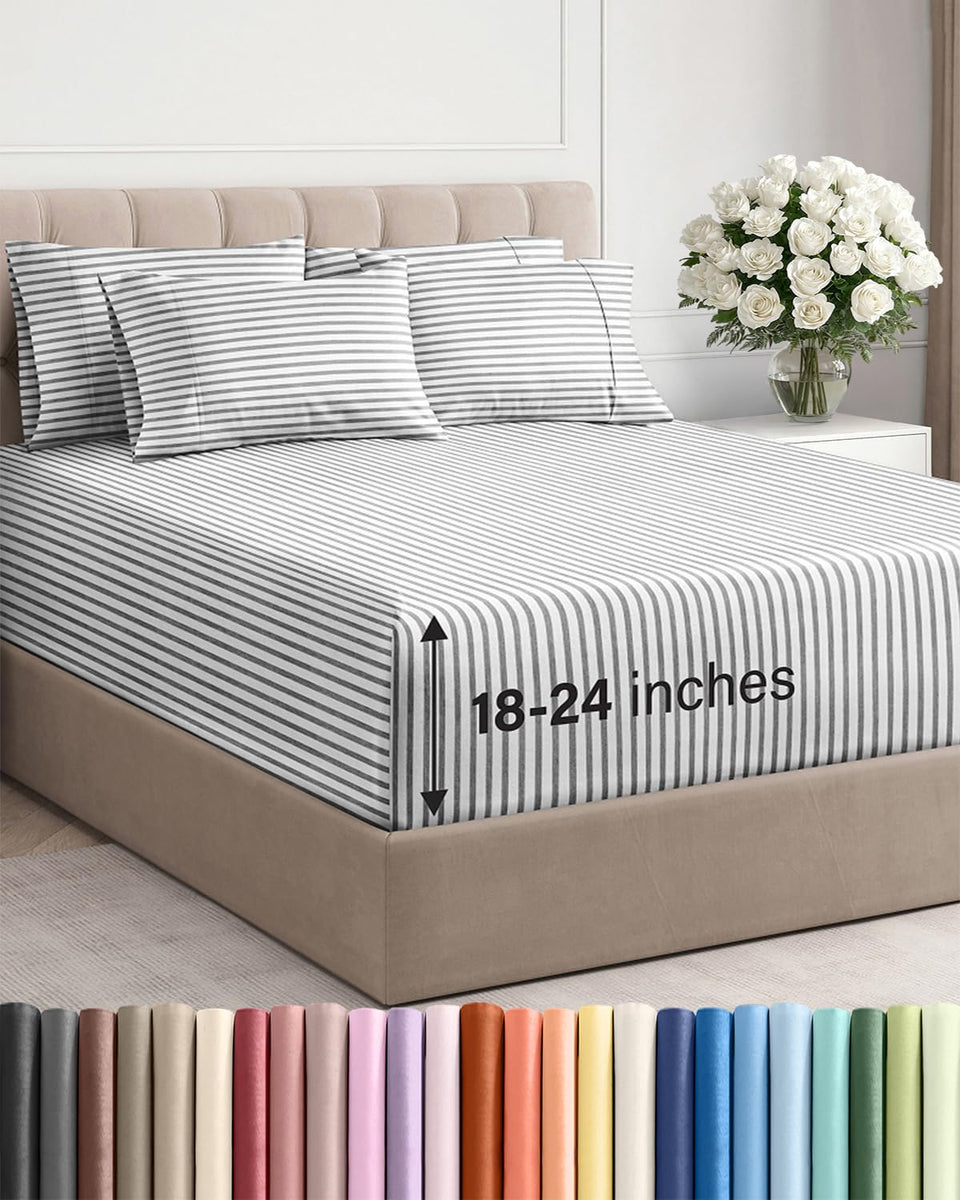 CGK Unlimited extra deep king sheet set on bed with grey stripes for secure fit.