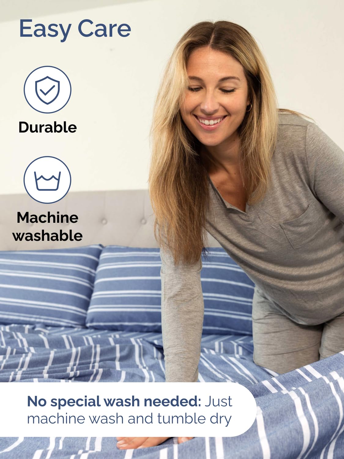 CGK Unlimited Extra Deep King Sheets bedroom setup with blue stripes