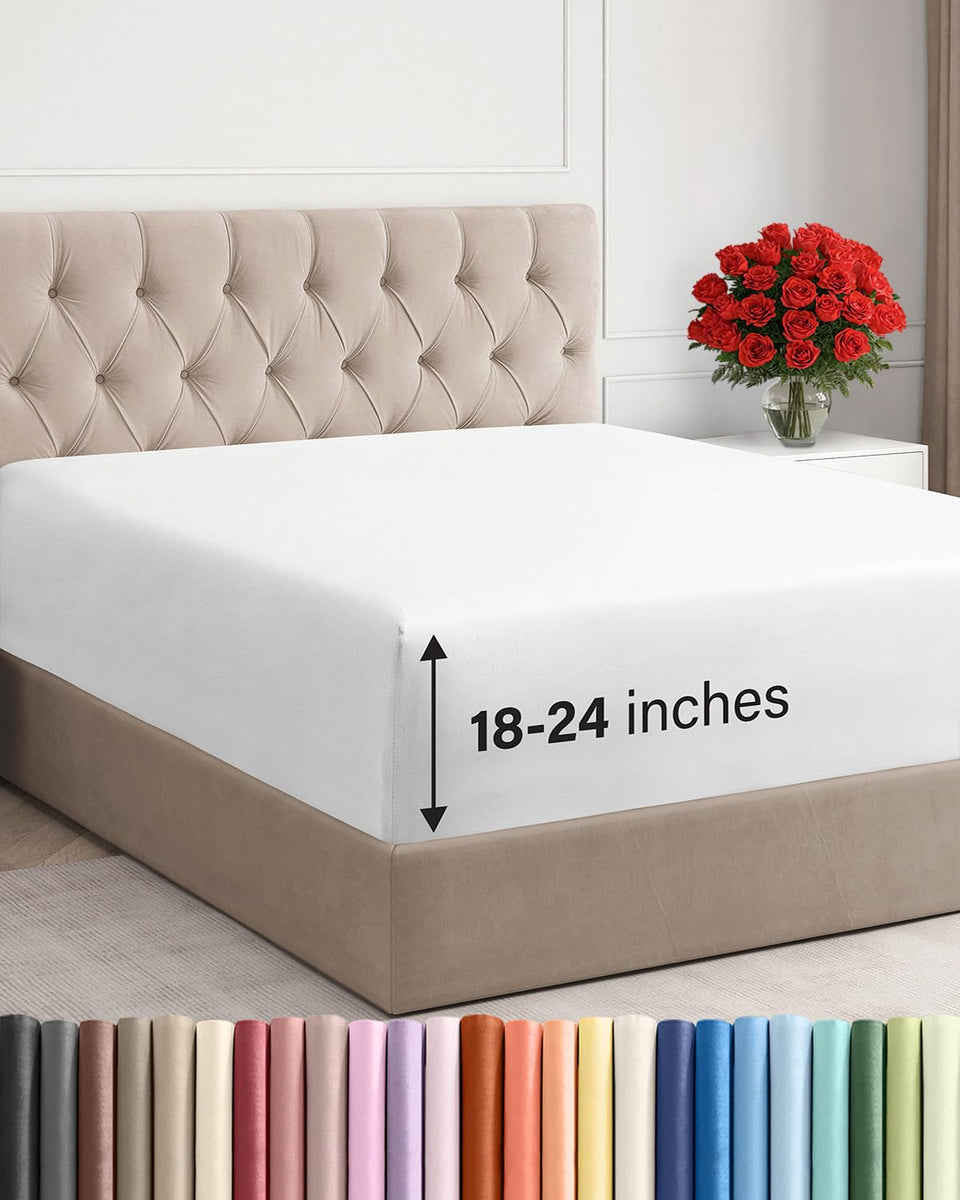 CGK Unlimited extra-deep pocket Cal King fitted sheet fits 18–24 inch mattresses securely.