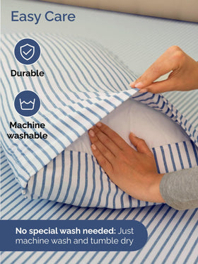 Blue striped CGK Unlimited bedding pattern on queen sheets