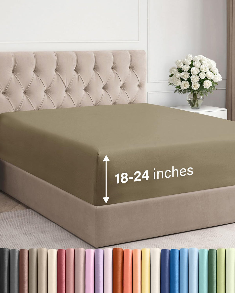 CGK Unlimited extra deep queen fitted sheet shows 18–24 inch pocket for toppers