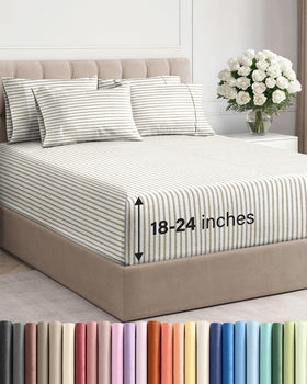CGK Unlimited Extra Deep Queen fitted sheet in beige stripes provides secure deep-pocket fit