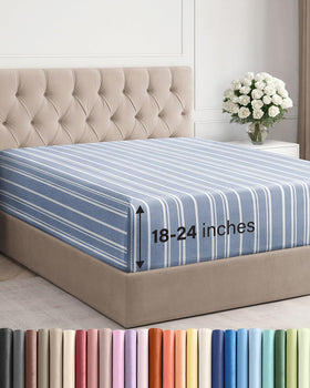 CGK Unlimited extra deep queen fitted sheet with blue stripes fits 18–24 inch mattresses securely