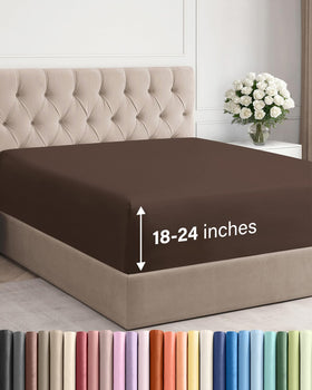 CGK Unlimited extra-deep queen fitted sheet in brown fitting 18–24 inch mattresses securely
