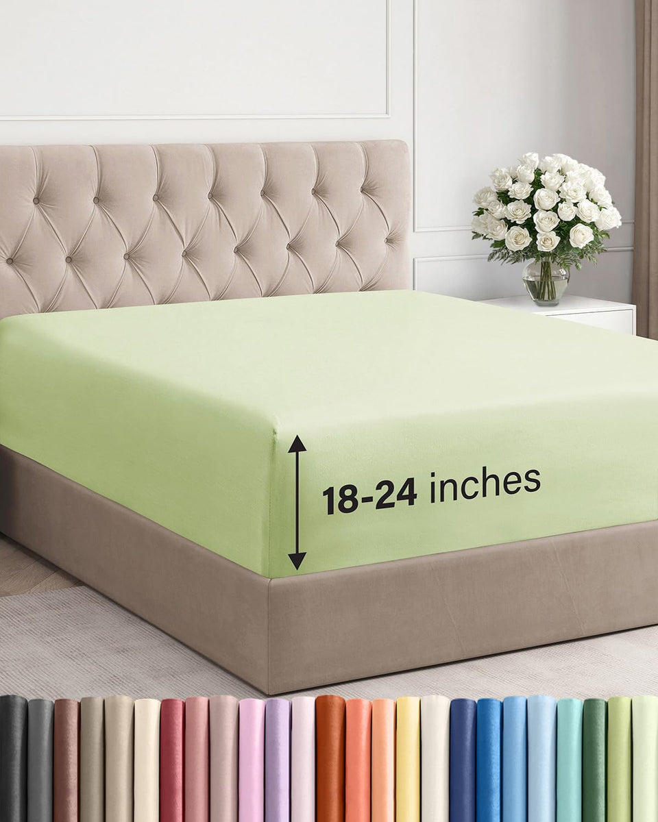 CGK Unlimited extra-deep queen fitted sheet close-up showing secure elastic edges.