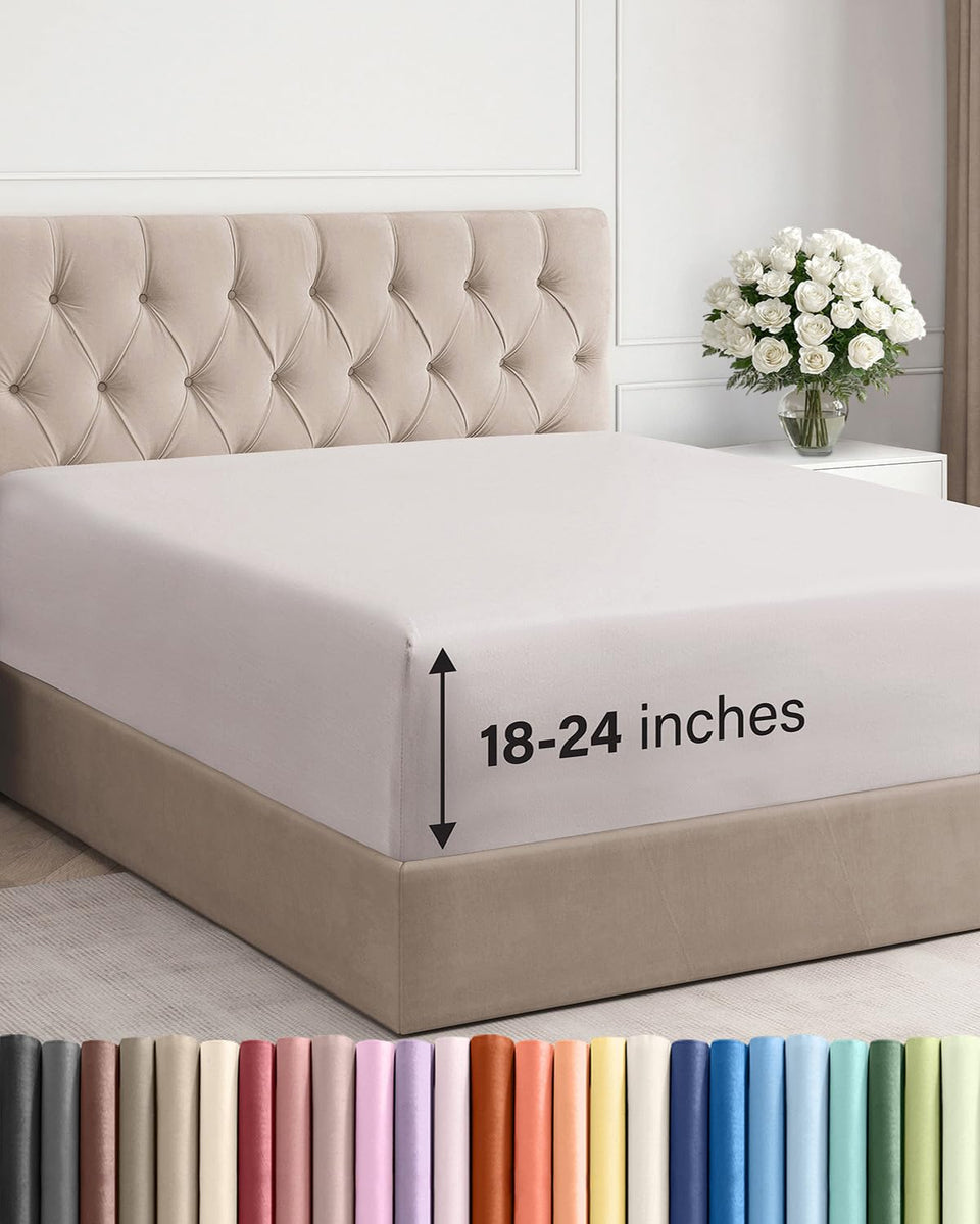 CGK Unlimited extra deep queen fitted sheet on bed showing secure deep-pocket fit
