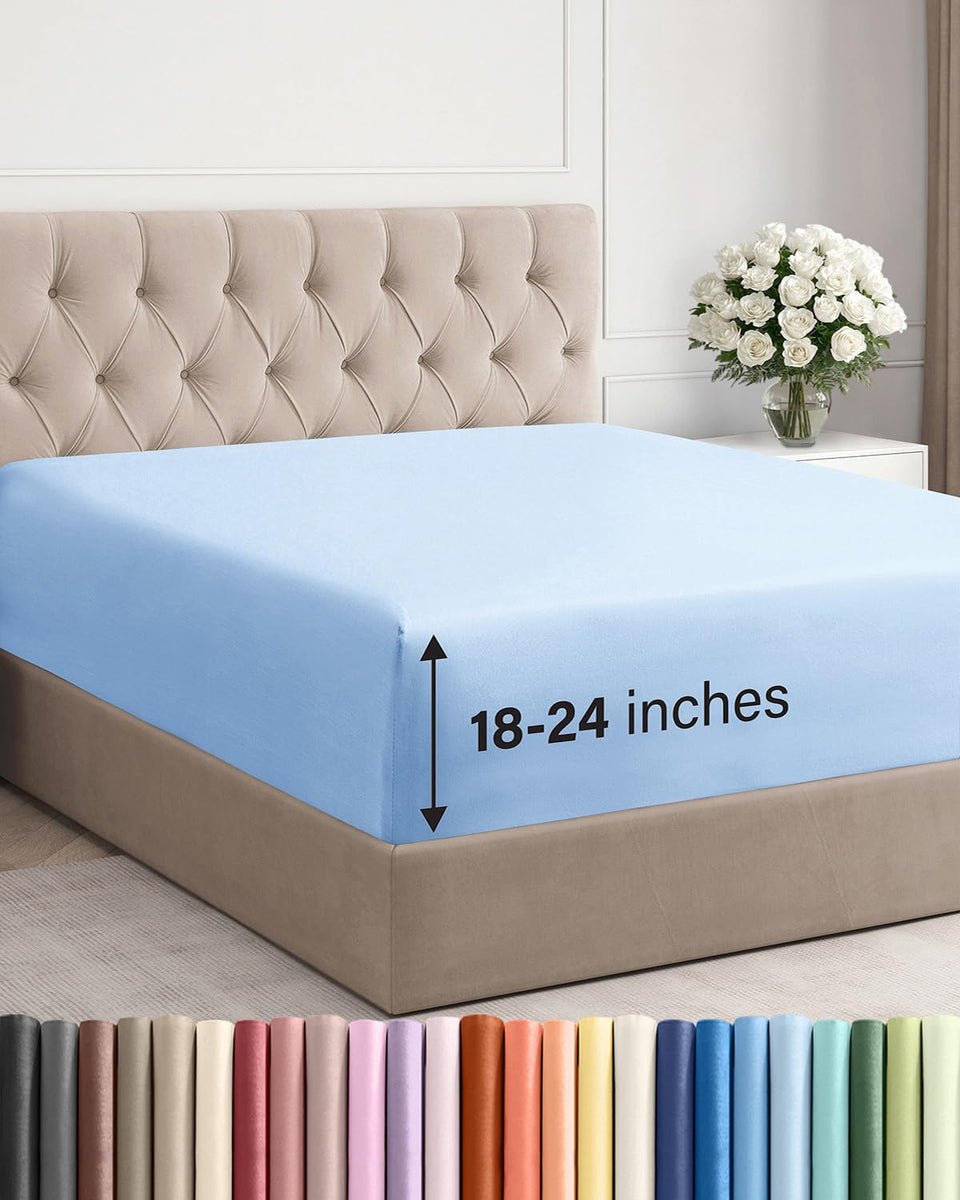 CGK Unlimited extra deep queen fitted sheet on bed shows secure fit for 18–24 inch mattresses
