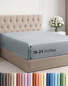 CGK Unlimited extra-deep queen fitted sheet on bed with secure elastic edges for a snug fit.