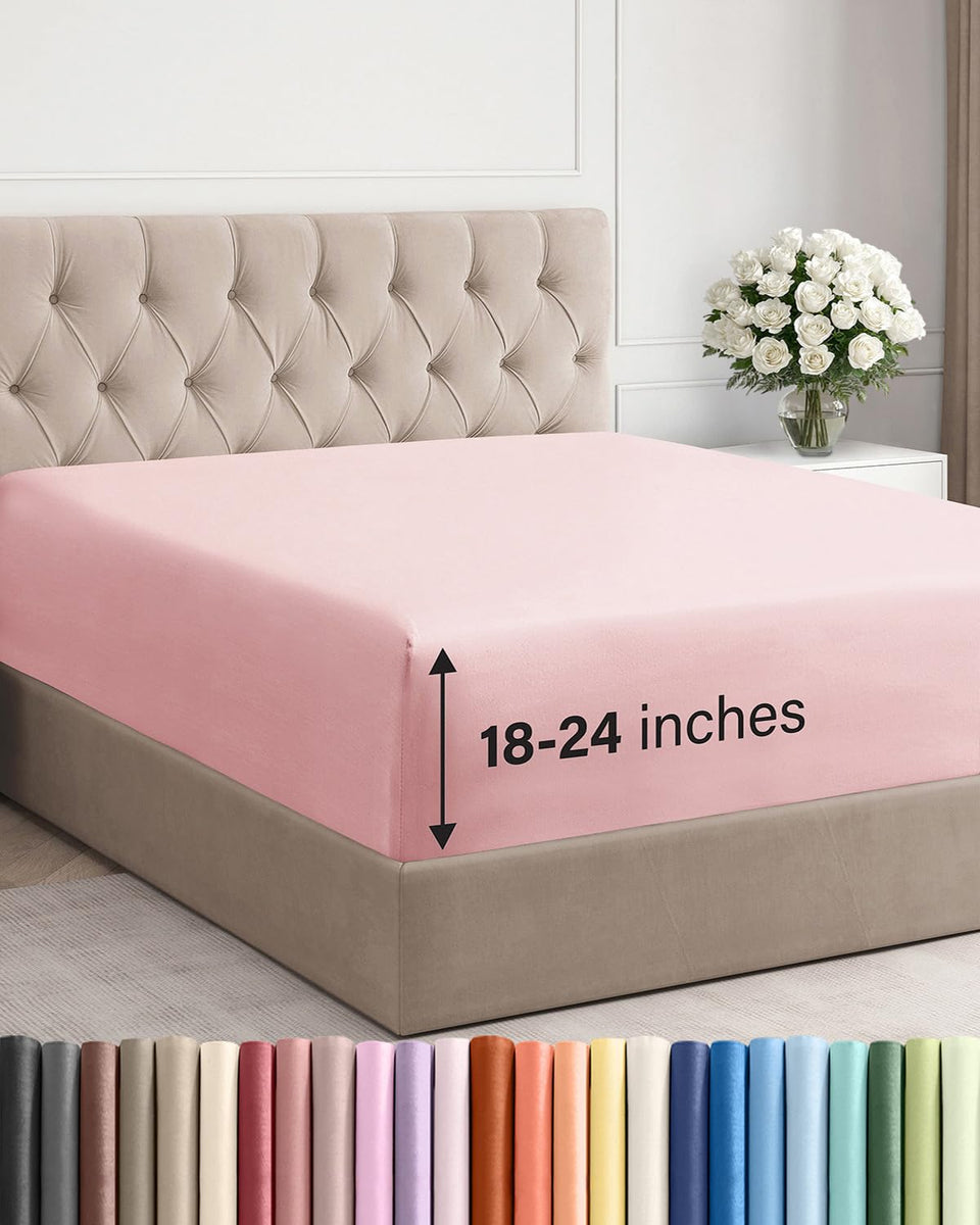 CGK Unlimited baby pink queen fitted sheet with ultra-deep pockets for thick mattresses.