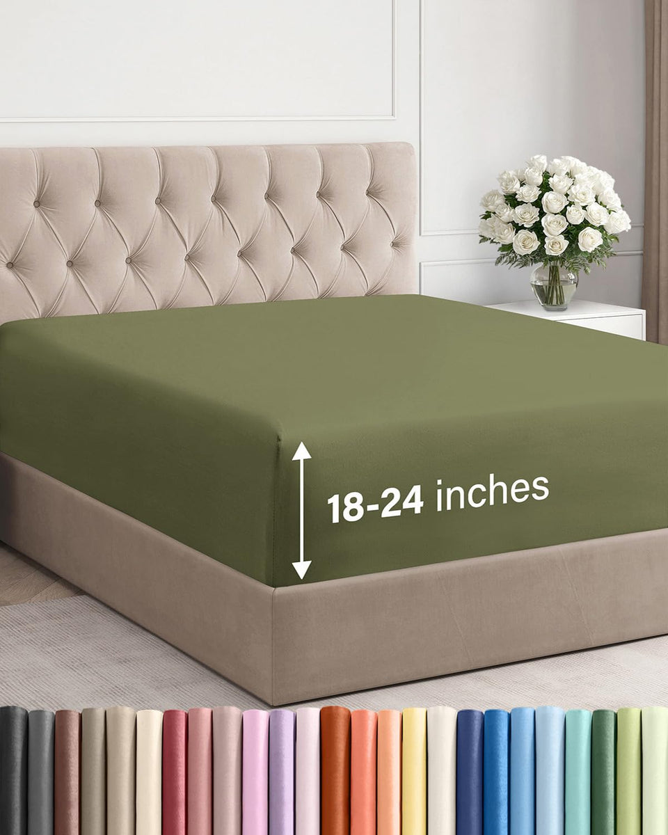 CGK Unlimited Extra Deep Queen Fitted Sheet in Sage Green on bed with secure deep pocket