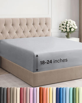 CGK Unlimited steel blue queen sheet, top view highlighting the deep pocket for tall mattresses.