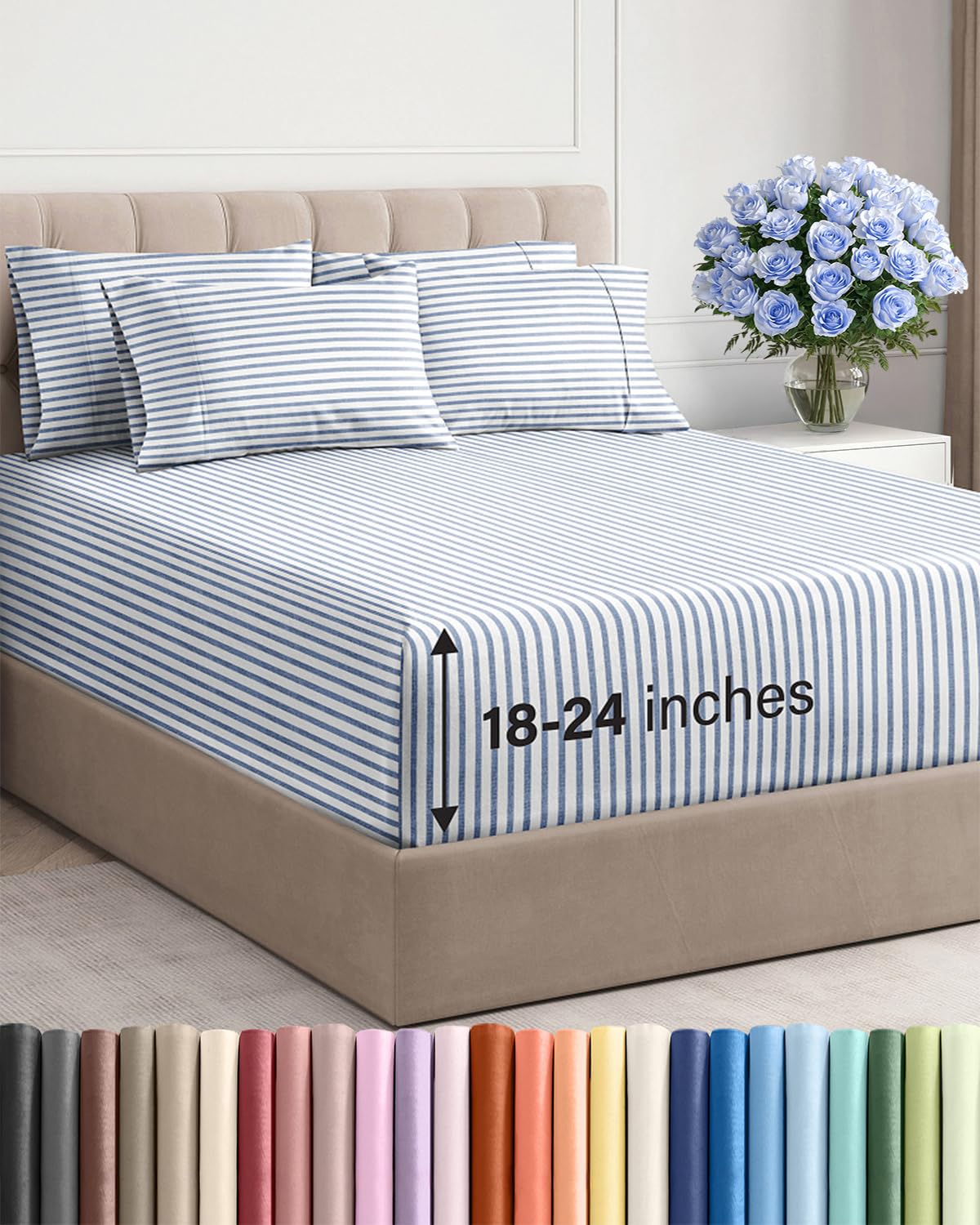 CGK Unlimited extra deep queen flat sheet in blue stripes for a snug, wrinkle-resistant fit