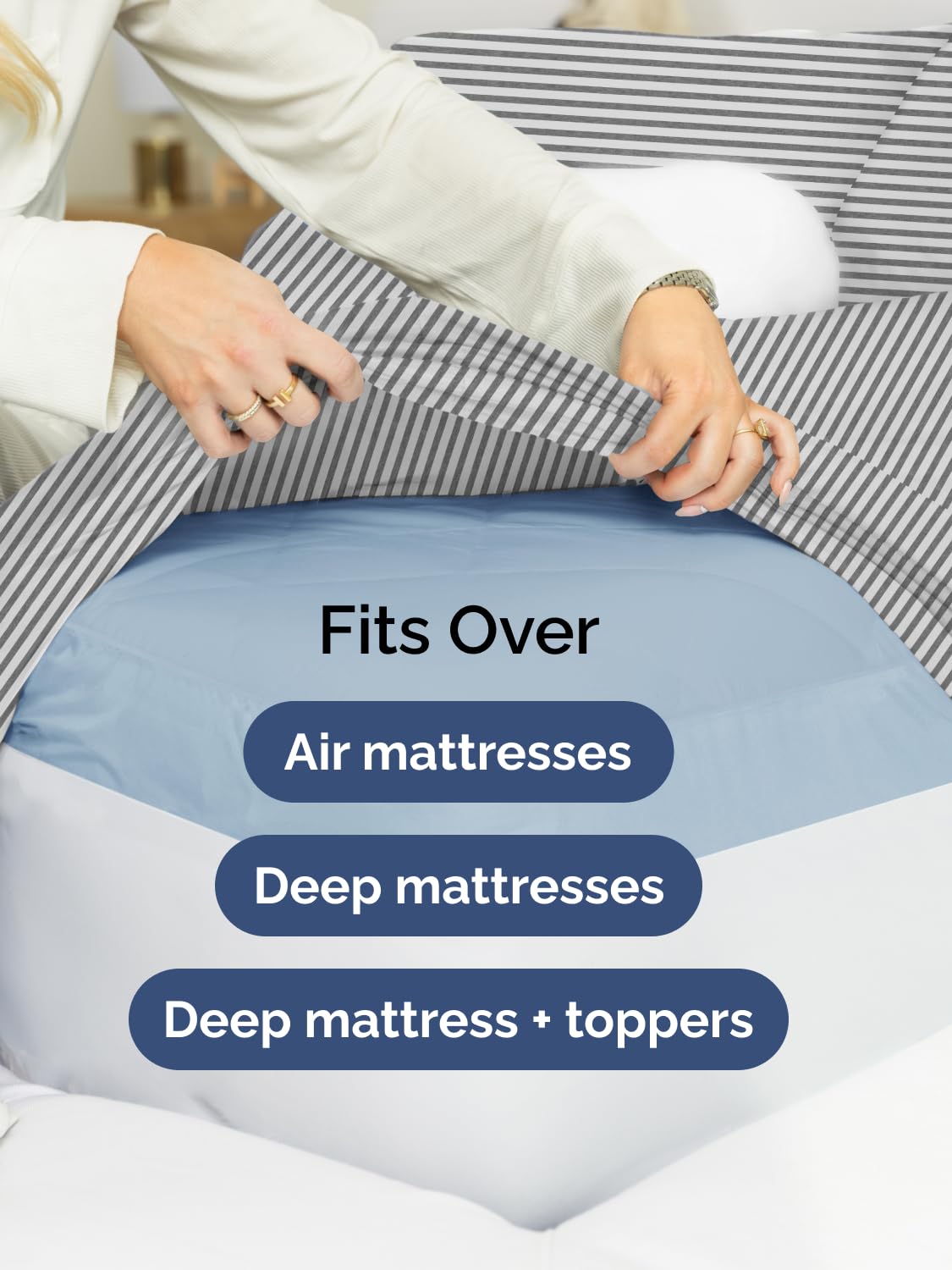 Grey stripes on CGK Unlimited sheet set add hotel-luxe style.